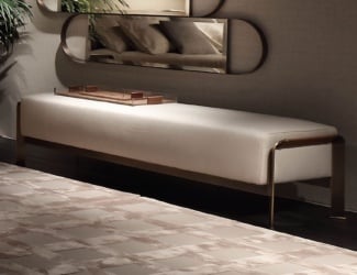 KMB modern Italian designer bench in upholstered in brown leather and solid walnut base and legs. Bench is also available in upholstered fabric. A wide selection of fabrics and leathers are available to choose from (samples available upon request). Made in Italy.