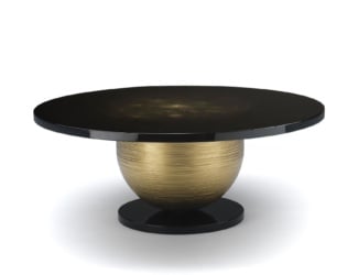 Mayfair luxury Italian designer round dining table with top shown in marble Sahara Noir and optional Lazy Susan in metal with Brushed Bronze finishing. Legs shown in black lacquered finishing with details in bronzed finishing. Top marble options: Damasco, Black Marquita, Black &amp; Gold, Emperador Dark, Travertino and Bianco Carrera. Top veneered option: Tay Veneered Smokey Grey. This collection features a combination of classic and contemporary styles adding a sophisticated and unique touch to any atmosphere. Available in three dimensions. Also available in rectangular table version and console version. Made in Italy.