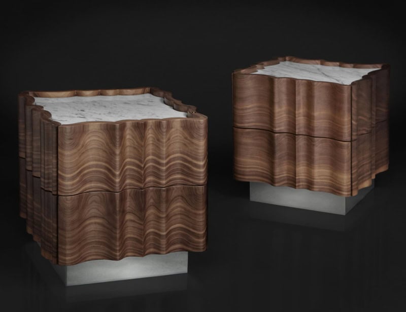 Bedside Table 2 modern Italian nightstand with brown Walnut wood