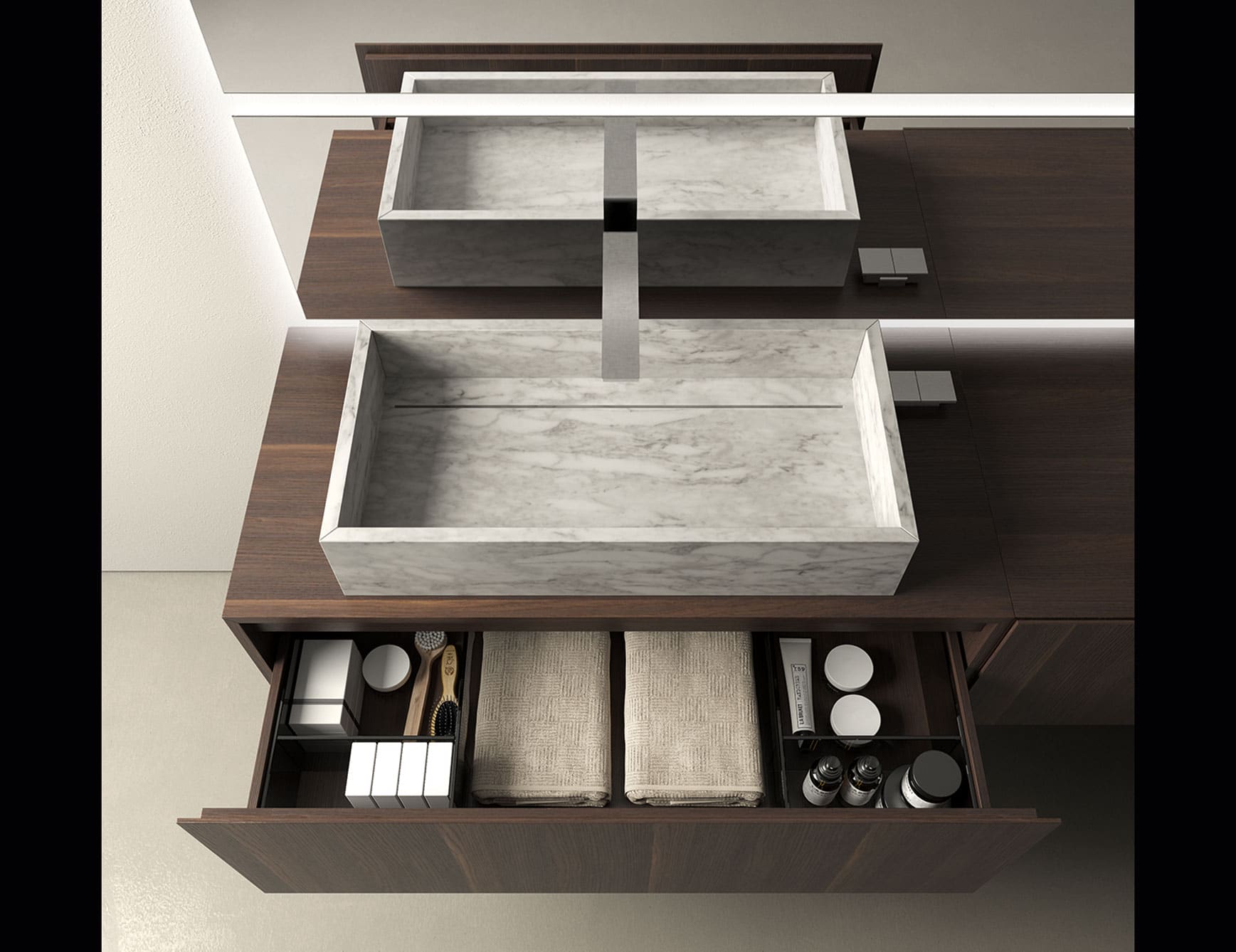 Composition 04 modern Italian bathroom vanity with brown Rovere Termocotto wood