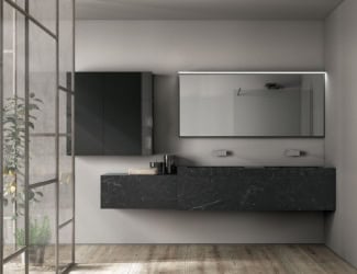 &lt;p&gt;Puro 101 contemporary Italian modular bathroom vanity shown in Medea marble 88.5&#8243; base with a grey marble top. Combining clean geometrical lines enriched by precious metals without limits to functionality. Featuring special worked tops and sides, recessed handles, total width fronts and original finishes including heat-treated oak and stones; all which can be fully tailored and customized. Base/Top finish options: 27 matt or high glossy lacquers, 17 matt veneers, 1 glossy veneer, 4 clays and 10 marbles. Additional top options: 4 synthetic materials. Wash basins options: Semi-inset, Undermounted, Above Counter, Sit-On and integrated sink top. Opening options: Groove handle, 3 handle types or push latch without handle. Modular base widths: 85”, 88.5”, 106.3”, 116.9”, 145.7”. Modular base depths: 15.3”, 18.5”, 21.5”. Modular base heights: 9.4”, 14.3”, 18.1”. Mirrors available in mocha or white with included backlight. Made in Italy.&lt;/p&gt;
