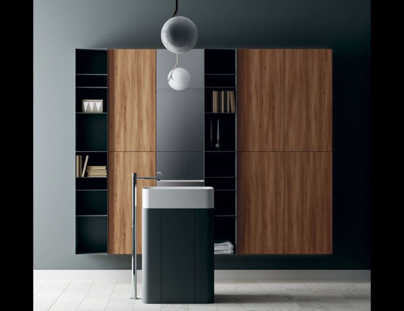 Composition 10 modern Italian bathroom vanity with brown Termocotto Oak wood