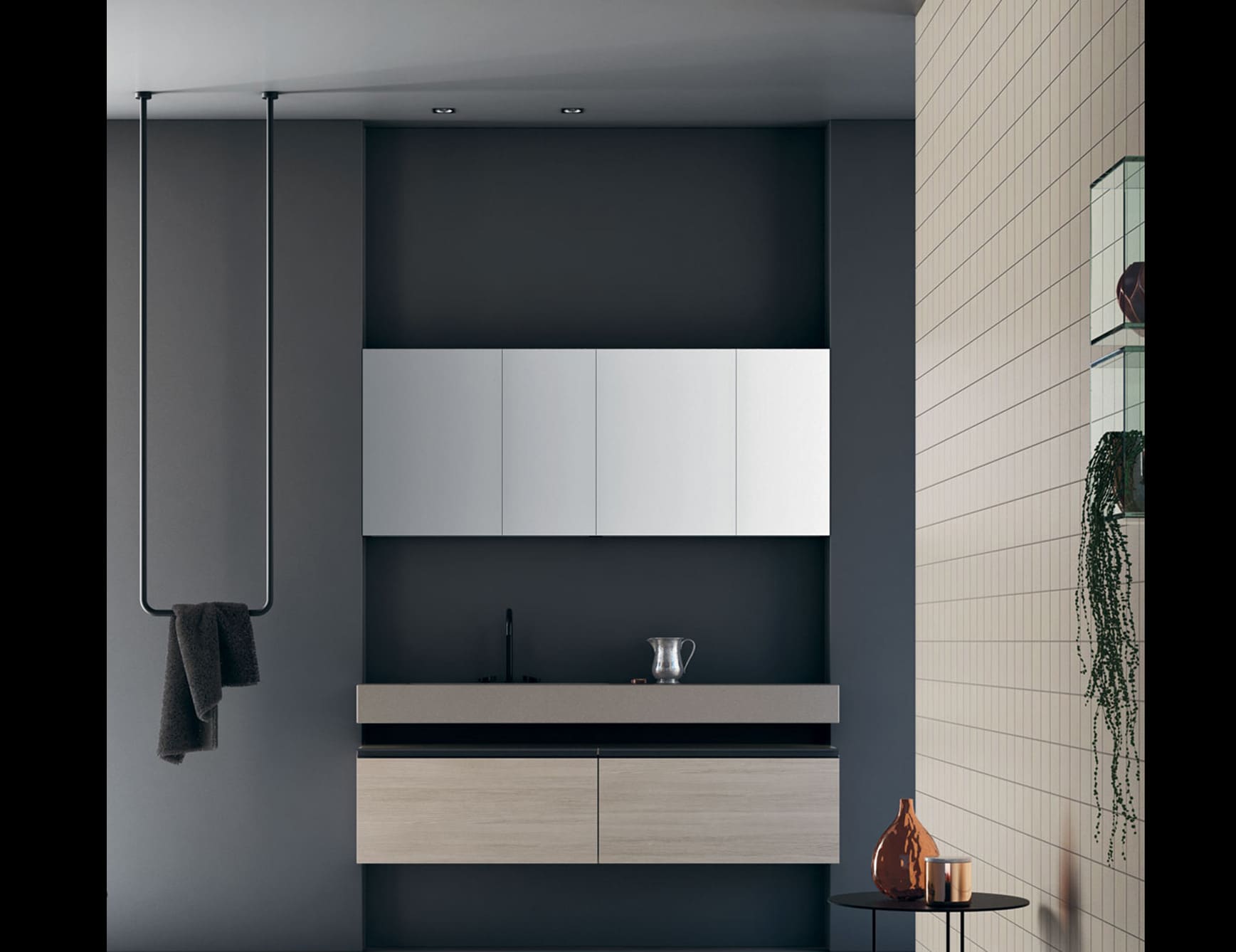 Composition 4 modern Italian bathroom vanity with beige Rovere Termocotto wood