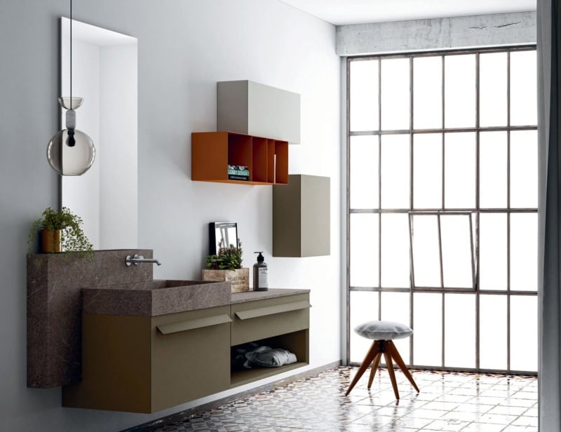 Composition 4 modern Italian bathroom vanity with bronze Placentina Spazzolata stone