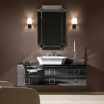 Wall-mounted bathroom vanity with black glossy drawers and white ceramic sink