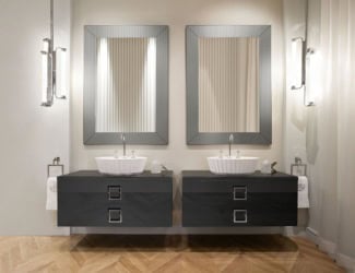 High end Italian bathroom vanity shown in 55&quot; width with a gold metal ribbed frame. Top in Emperador Dark marble with an under counter sink in black ceramic. Finish options: 38 glossy or matt lacquers in diamond or ribbed design, fume mirror or bronzed mirror. Base unit widths: 26”, 43.3&quot;, 55.1&quot;, 63&quot; and 74.8&quot;. Base unit depth: 20.9”. Base unit height: 33.1”. Metal frame options: chrome and gold. Mirror, lighting &amp; sink optional. Mirror frame finishes also optional. Made in Italy.