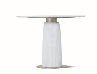 Cooper luxury Italian designer dining table shown in White Onyx top with brushed gold metal legs, partially covered in tan leather. Marble top options: Black Marquinia, Black and Gold, Emperador Dark, Travertino Navona, Bianco Carrara, Bamboo, Statuario Venato, Silk Georgette Blue, Sahara Noir and Versylis. Veneered wood top options: Eucalyptus Frisé, Grey Carbalho, Rose Carbalho and Oak Veneered dyed Wengé. Agate top options: Grey, Green and Black. Metal leg options: Brushed Bronze, Brushed Dark Bronze and Brushed Gold. Optional base covering in leather. Also shown in Emperador Dark. This luxury modern furniture collection features a chic and adaptive style to any living space. Available in five different dimensions. Available in coffee table version. Made in Italy.