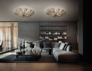 Circus Italian designer ceiling light in black cotton. Sizes available: 3 lights (as shown) and 4 lights. Widths: 19.7&quot;, 27.6&quot;, 35.5&quot;, 47.3&quot;, and 59.31&quot;. Finishes: cotton in white, black, brown, or red, oper in grey or brown, dragnet in black, white, or violet, ivory shantung, or white linen. Hanging light and square version is also available. Made in Italy.