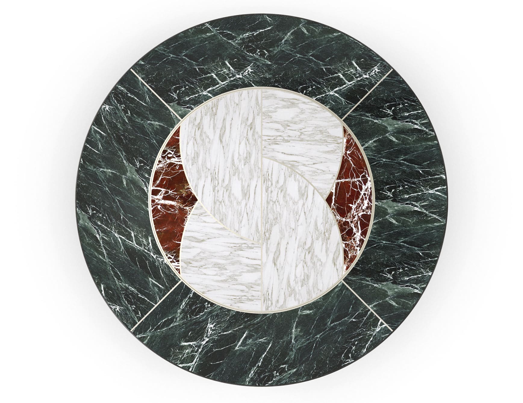 Jason modern luxury table with white Invisible Grey, Rosso Levanto, Turco Verde Rameggiato marble