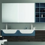 Wall-mounted bathroom vanity with double sink and wood drawers