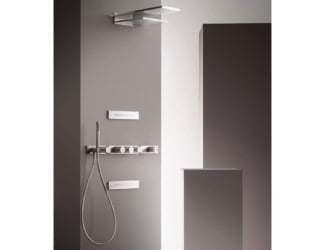 &lt;p&gt;Milano shower shown in stainless steel. Shower composed of a showerhead, wall mount hand shower, wall body spray and a thermostatic set with three volume controls. Showerhead includes 19.38&#8243; rainfall projection, 9&#8243; waterfall projection, anti-lime scale system, fixing system, and solid brass rough and trim. Restricted rainfall flow to 2.5GPM and 4.5GPM for waterfall flow. Thermostatic 0.75&#8243; set composed of three volume controls, push button temperature override and handles are included. Wall mount hand shower integrated with volume control, anti-siphon check valve, anti-lime scale system, 58&#8243; hose, and water flow restricted to 2.5GPM with spare flow restrictor included. Pieces available in rough, chrome trim and brushed stainless steel trim finish. Collection goes past the present day into a cutting edge outline.&lt;/p&gt;
