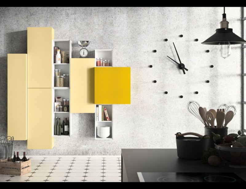 People contemporary Italian wall unit with yellow Matt Lacquered wood