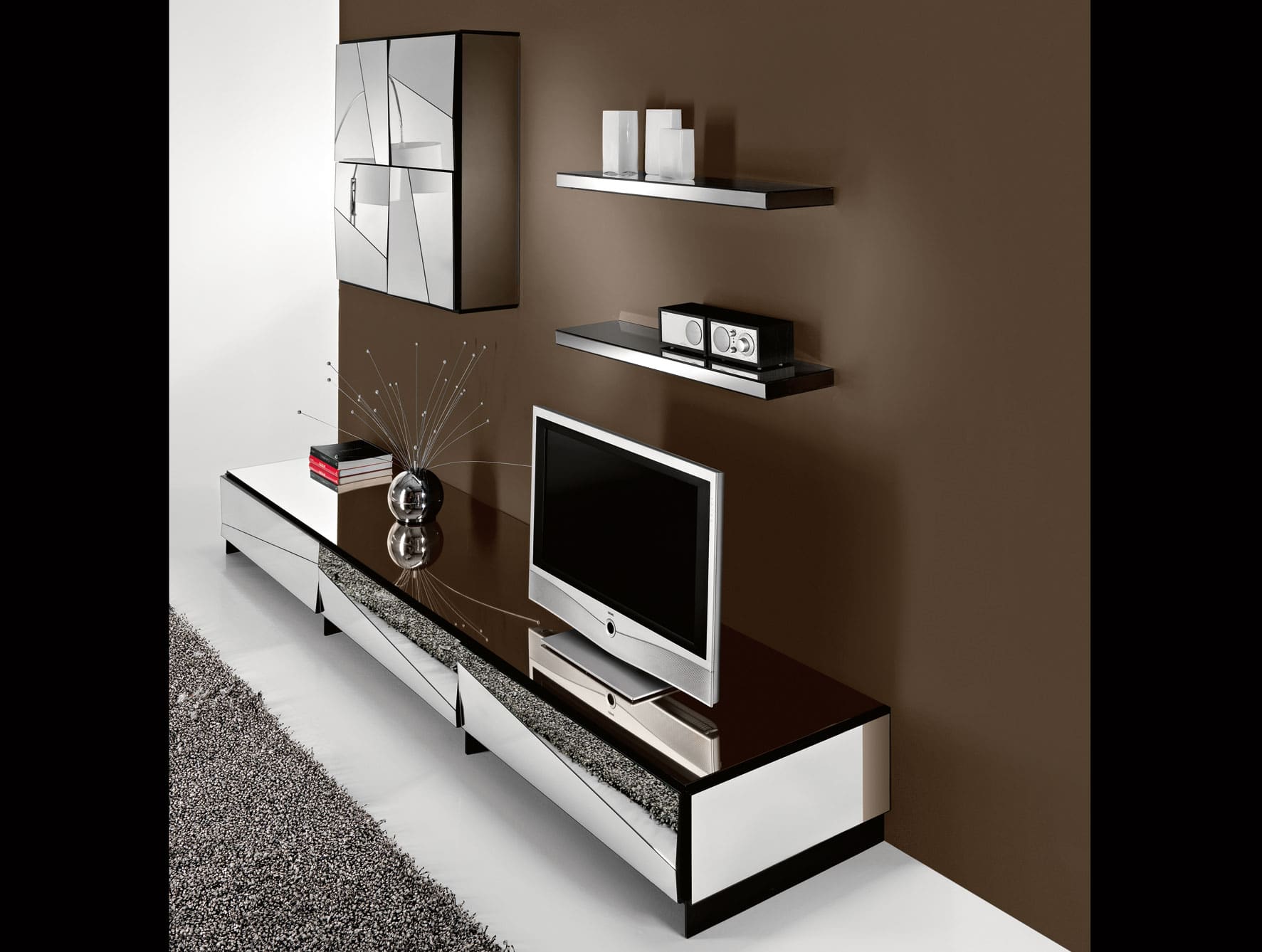 Psiche contemporary Italian media unit with mirror glass