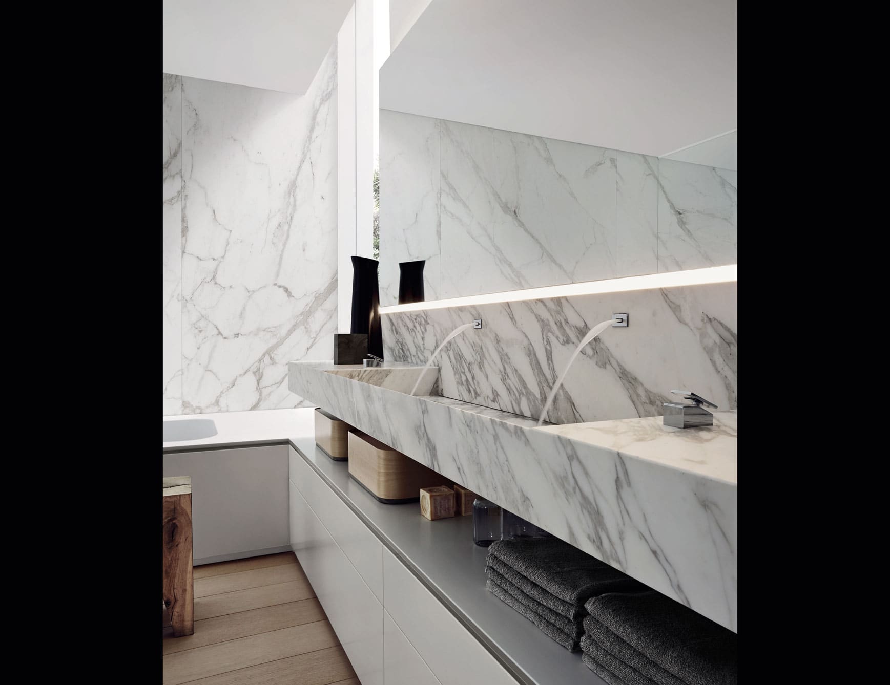 Puro contemporary Italian bathroom vanity with white Arabescato marble
