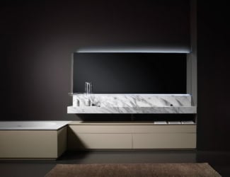 &lt;p&gt;Puro 101 contemporary Italian modular bathroom vanity shown in Medea marble 88.5&#8243; base with a grey marble top. Combining clean geometrical lines enriched by precious metals without limits to functionality. Featuring special worked tops and sides, recessed handles, total width fronts and original finishes including heat-treated oak and stones; all which can be fully tailored and customized. Base/Top finish options: 27 matt or high glossy lacquers, 17 matt veneers, 1 glossy veneer, 4 clays and 10 marbles. Additional top options: 4 synthetic materials. Wash basins options: Semi-inset, Undermounted, Above Counter, Sit-On and integrated sink top. Opening options: Groove handle, 3 handle types or push latch without handle. Modular base widths: 85”, 88.5”, 106.3”, 116.9”, 145.7”. Modular base depths: 15.3”, 18.5”, 21.5”. Modular base heights: 9.4”, 14.3”, 18.1”. Mirrors available in mocha or white with included backlight. Made in Italy.&lt;/p&gt;
