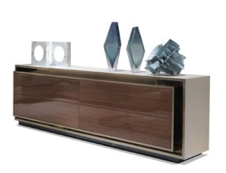 Era buffet modern Italian luxury designer chest of drawers composed of lacquered wood structure, and stainless steel base.  A wide selection of wood options and lacquered colors to choose from (samples upon request). Era buffet available in various categories. Made in Italy.