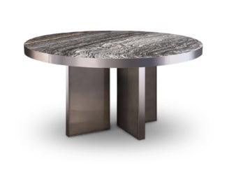 Drum B580M modern Italian designer accent table shown in Calacatta marble. Legs composed of metal with matt light platinum finish. End table marble options: Calacatta, Walnut wood and Breccia Sarda. This collection is distinguished by their enduring quality, embodying the timeless principles of originality, authenticity, and uniqueness that define the philosophy evident in every product, from singular pieces to complete projects. Drum collection offers a range of furniture pieces including coffee table, end table and sofas. Made in Italy.

