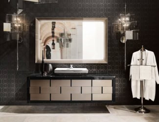 High end Italian bathroom vanity shown in 55&quot; width with a gold metal ribbed frame. Top in Emperador Dark marble with an under counter sink in black ceramic. Finish options: 38 glossy or matt lacquers in diamond or ribbed design, fume mirror or bronzed mirror. Base unit widths: 26”, 43.3&quot;, 55.1&quot;, 63&quot; and 74.8&quot;. Base unit depth: 20.9”. Base unit height: 33.1”. Metal frame options: chrome and gold. Mirror, lighting &amp; sink optional. Mirror frame finishes also optional. Made in Italy.