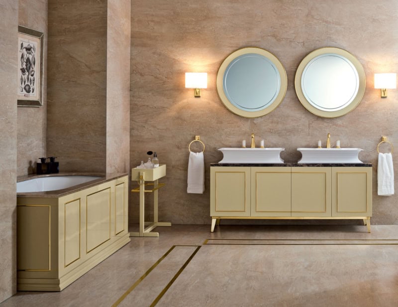 Rivoli contemporary Italian bathroom vanity with yellow lacquered wood