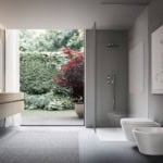 Sintesi contemporary Italian bathroom vanity with brown Piombo oak wood