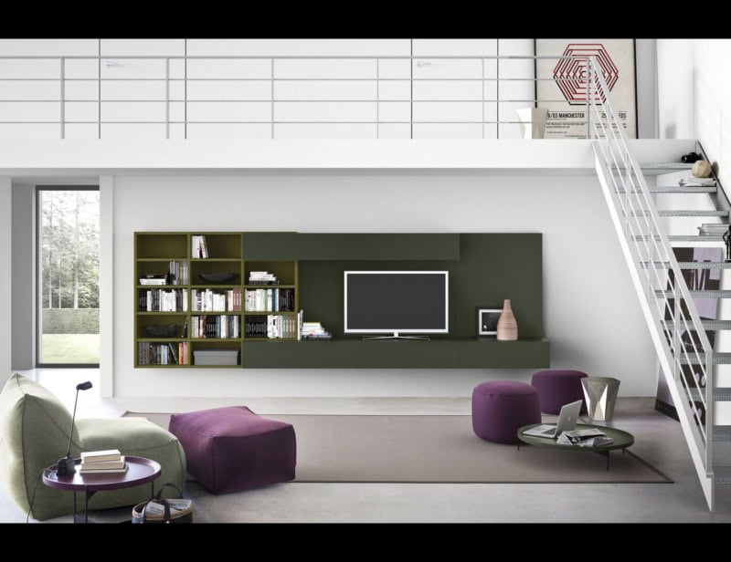 Spazioteca contemporary Italian wall unit with green Matt Lacquered wood