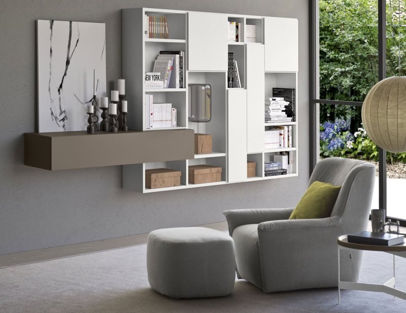 Spazioteca contemporary Italian wall unit with white Matt Lacquered wood