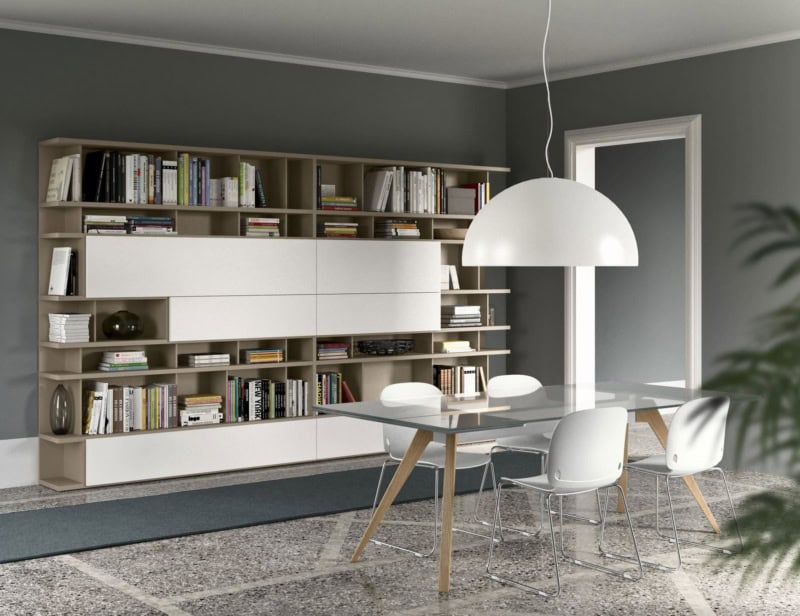 Spazioteca contemporary Italian wall unit with transparent lacquered wood