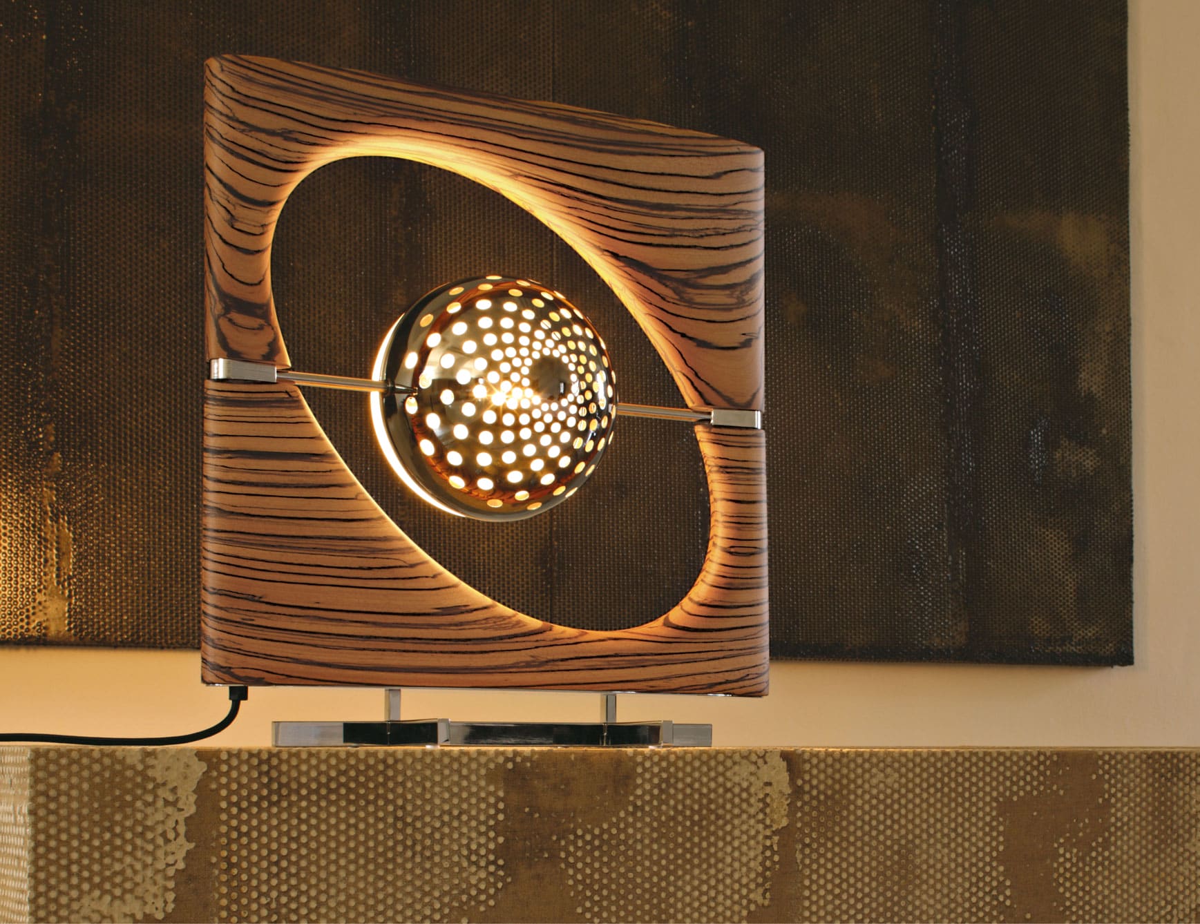Sun Ra modern Italian table lamp with brown Zebrano wood