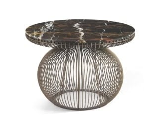 Twiga modern Italian luxury designer accent table is shown in brown colored weavings made of synthetic resin with stone table top. The structure is composed of beige or brown synthetic resin and the top is made of stone. This collection features the finest products by combining materials and shapes that connect with one another, culminating in an exquisite lifestyle. Twiga collection is available in chaise lounge, sofa, armchair, and coffee table versions. PVC cover available as an add on. Made in Italy.