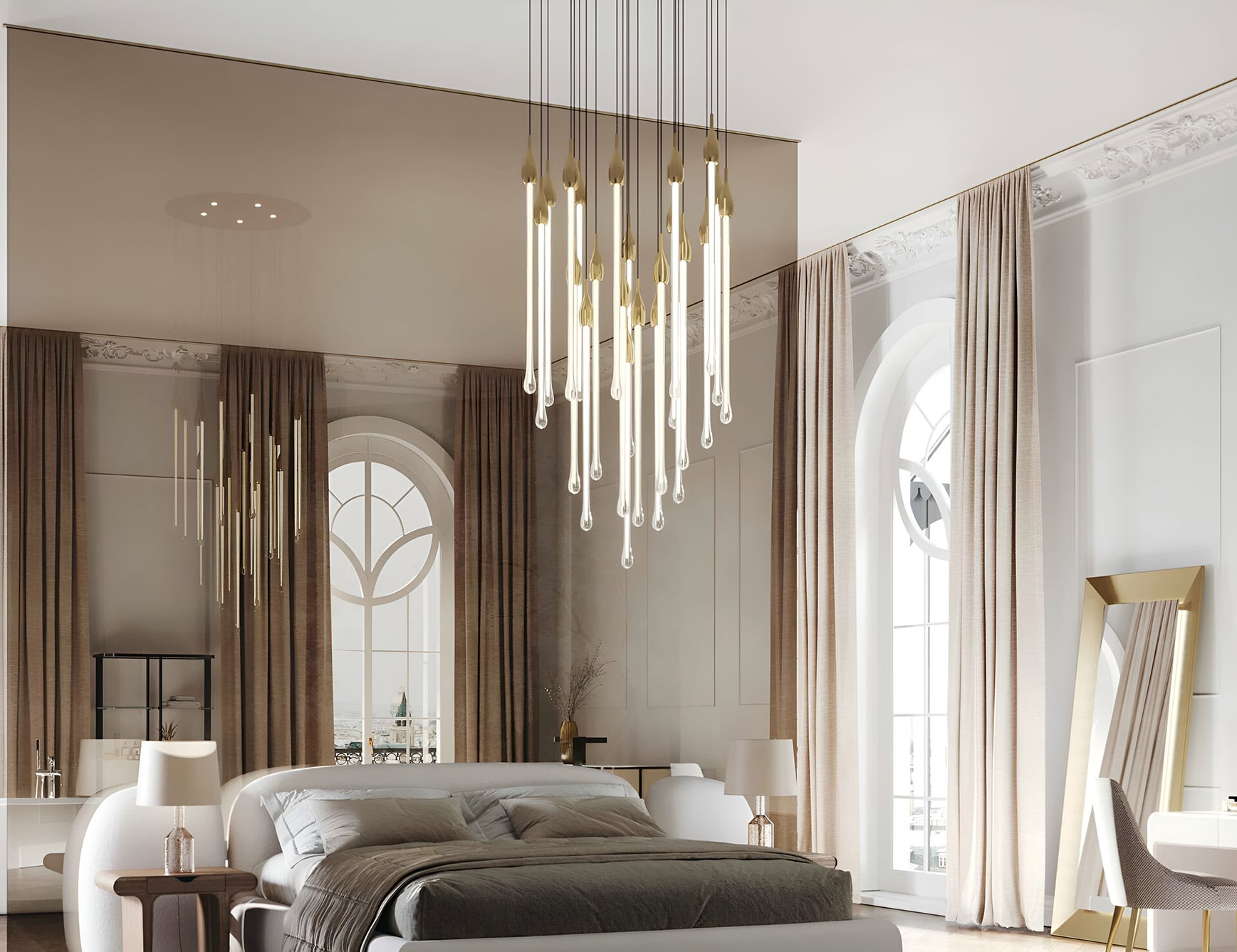 Crystal chandelier pendant light in bedroom setting.