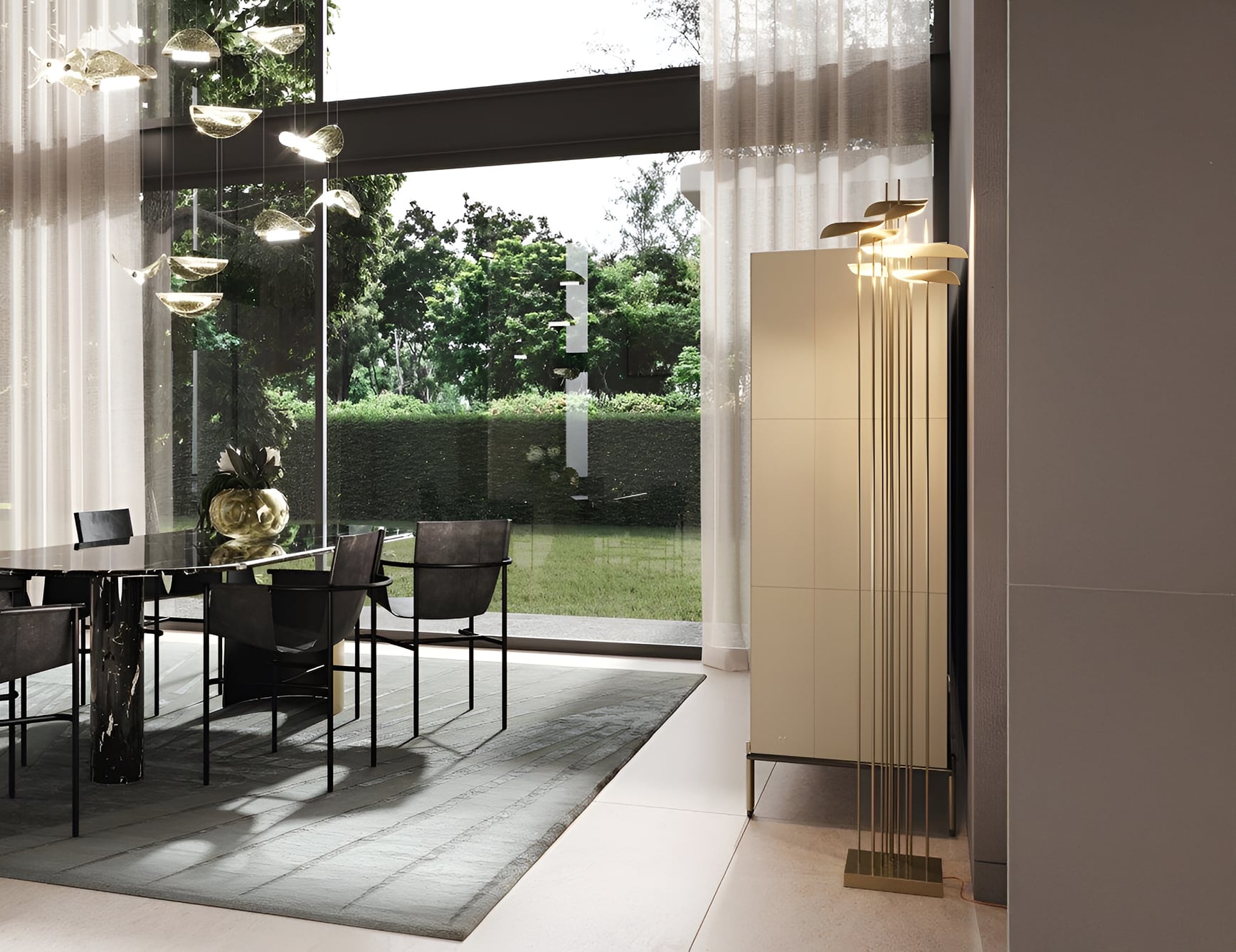 Metal floor lamp beside cabinet in room