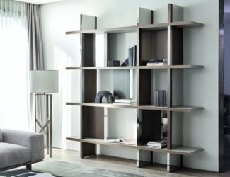 Genesis luxury designer Italian bookshelf shown in brown lacquered wood. Bookshelf composed of glass doors with aluminum and crystal shelves with profile LED light. Sides composed of double pillar in powder-coated aluminum with Sable or manganese finish. Open shelves options: veneered or lacquered wood with marble back. Customizable chest of drawers in lacquered or veneered wood available with optional cutlery or bottle drawer. This luxury modern furniture collection combines uniqueness with modern style, offering customization in every detail. Made in Italy.