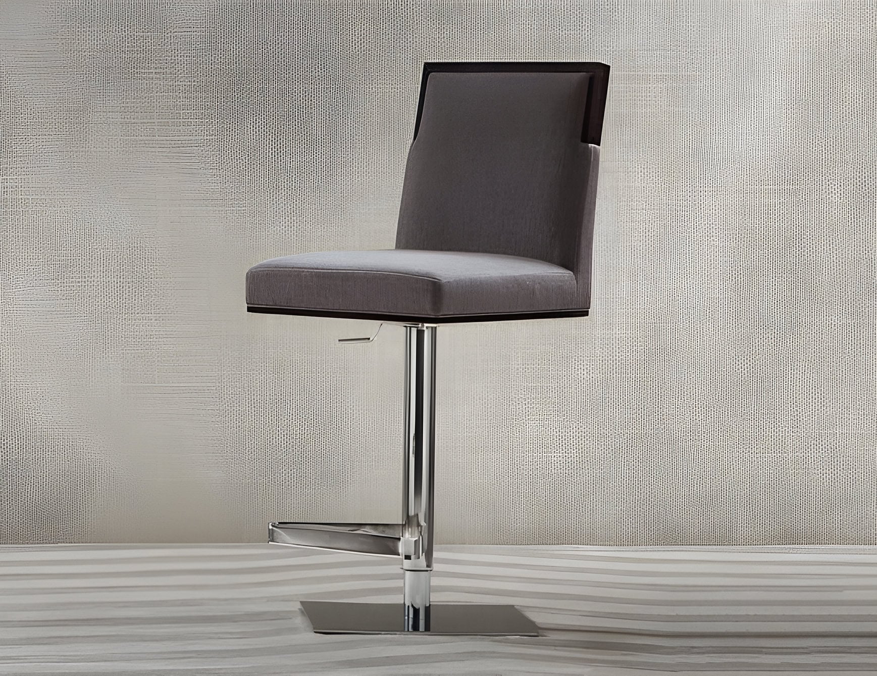 Fabric and metal bar stool with square seat and footrest