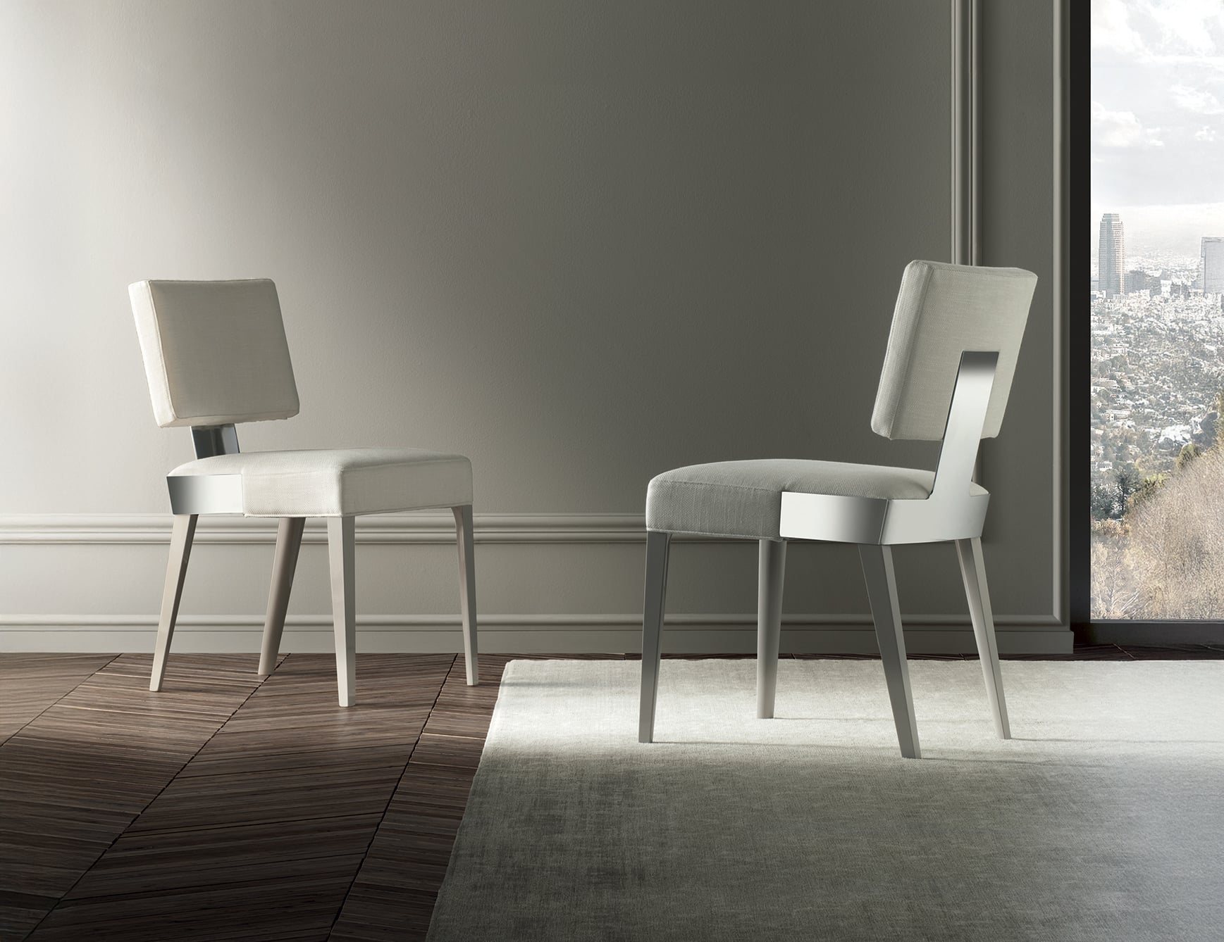 Fabric and wood dining chairs in neutral setting