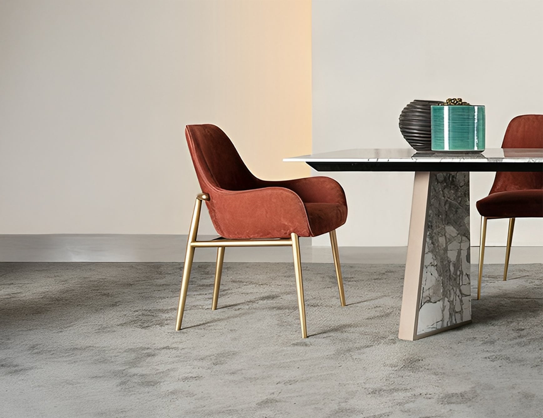 Fabric dining chair with arms beside table