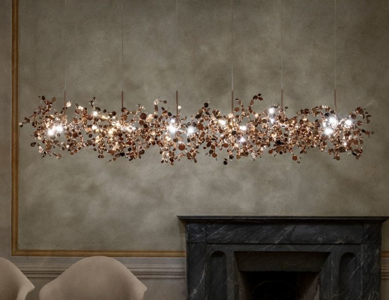 Argent contemporary Italian hanging light with rose gold metal
