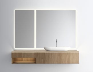 Contemporary Italian modular bathroom vanity shown in eco-friendly Kerlite and integrated washbasin. Collection features a wide range of materials perfect for any project. Finishes available in 32 sand or glossy lacquered colors, 3 oxidized lacquered colors, 10 horizontal grain wood veneered finishes, 13 vertical grain wood finishes, 6 Fenix NTM, 32 glass colors, 8 Kerlite, 4 Slimmker, 3 oxidized metals, 4 marbles, and 1 Koral.  Parquet wood floor covering is available upon request. Opening system: groove. Made in Italy.