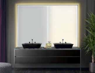 High end Italian bathroom vanity shown in 55&quot; width with a gold metal ribbed frame. Top in Emperador Dark marble with an under counter sink in black ceramic. Finish options: 38 glossy or matt lacquers in diamond or ribbed design, fume mirror or bronzed mirror. Base unit widths: 26”, 43.3&quot;, 55.1&quot;, 63&quot; and 74.8&quot;. Base unit depth: 20.9”. Base unit height: 33.1”. Metal frame options: chrome and gold. Mirror, lighting &amp; sink optional. Mirror frame finishes also optional. Made in Italy.