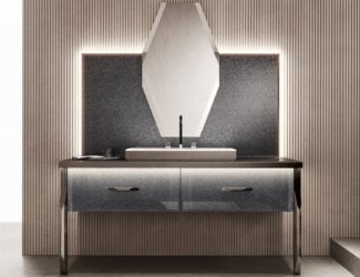 &lt;p&gt;Azuco 23.01 Italian designer bathroom vanity composed of Bianco Siberia marble with a center drawer and two integrated washbasins. Facets shown in stainless steel. Lower drawer unit composed of Half Flame Oak wood with two drawers. Mirror shown with lower LED lighting. Roma bathtub shown in White Siberia marble with satin stainless steel taps. Azuco collection inspired by Japanese comfort of nature’s shapes and beautifully designed in Rome. It is both visually and physically appealing. Made in Italy.&lt;/p&gt;
