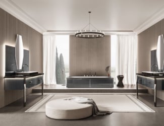 High end Italian bathroom vanity shown in 55&quot; width with a gold metal ribbed frame. Top in Emperador Dark marble with an under counter sink in black ceramic. Finish options: 38 glossy or matt lacquers in diamond or ribbed design, fume mirror or bronzed mirror. Base unit widths: 26”, 43.3&quot;, 55.1&quot;, 63&quot; and 74.8&quot;. Base unit depth: 20.9”. Base unit height: 33.1”. Metal frame options: chrome and gold. Mirror, lighting &amp; sink optional. Mirror frame finishes also optional. Made in Italy.