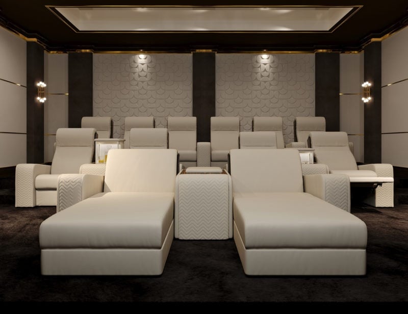 Onassis modern luxury home theater with ivory leather