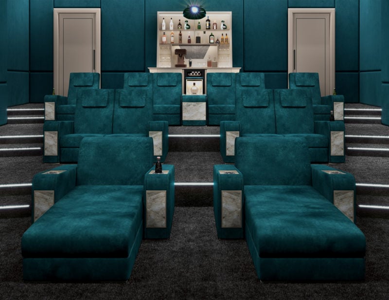 Confort modern luxury home theater with green fabric