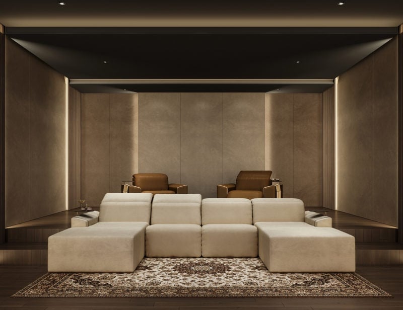 Kubrik modern luxury home theater with ivory fabric