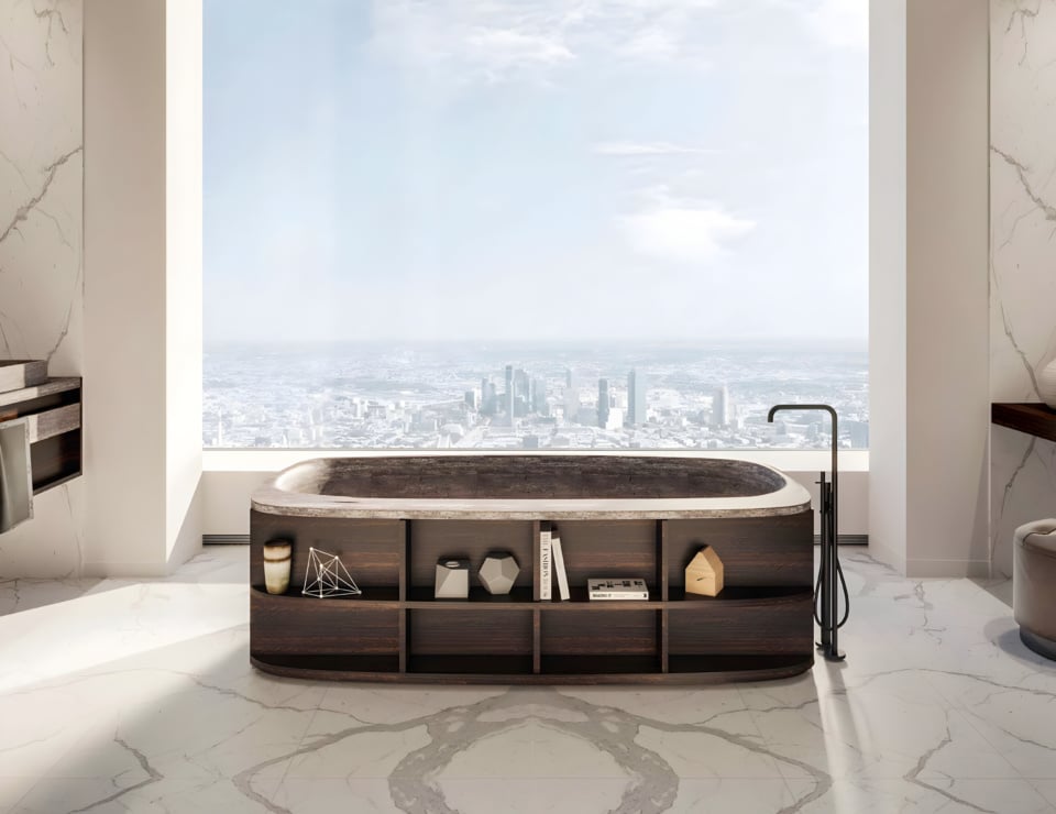 Modern bathroom with cityscape view