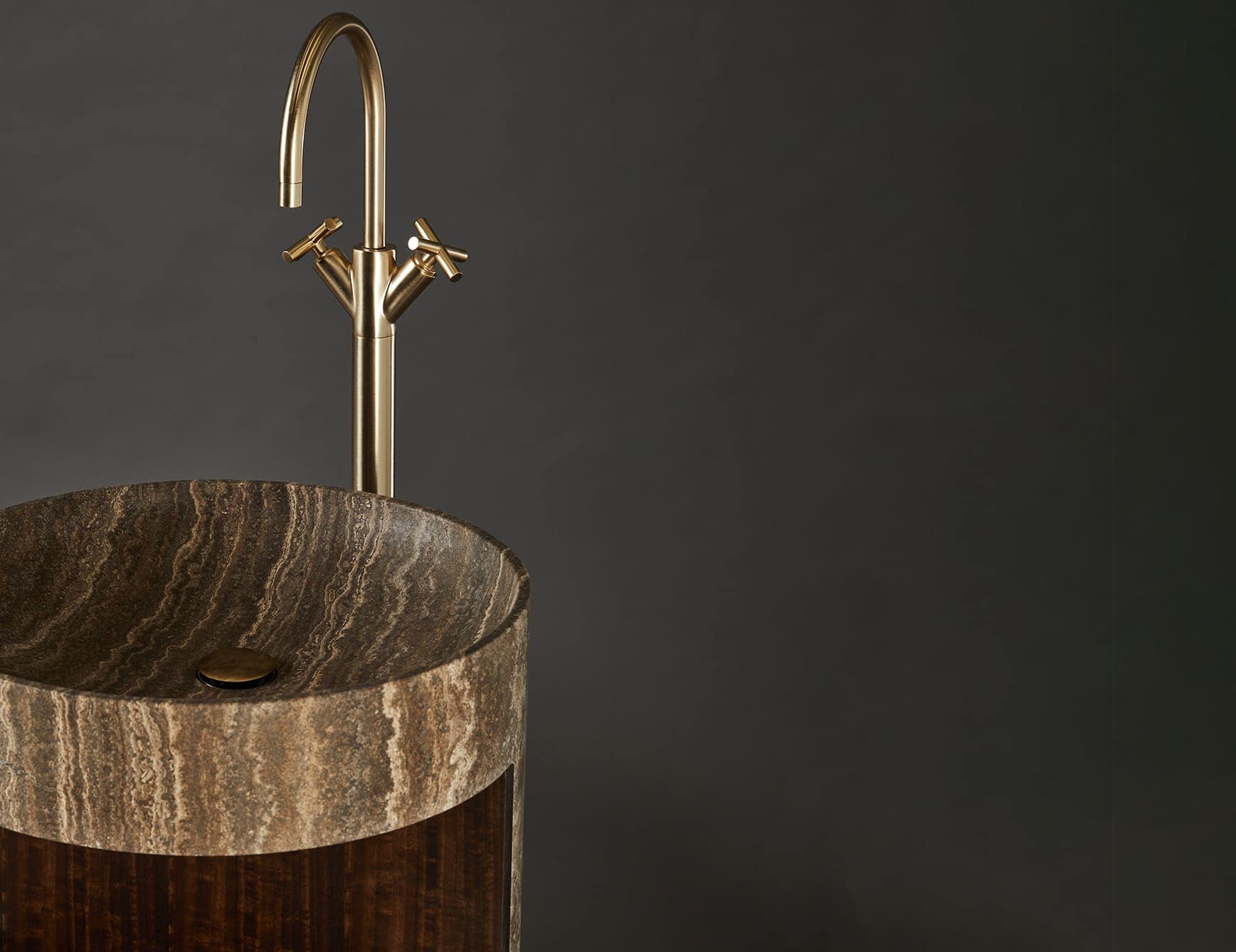 Hug contemporary Italian basin sink with brown Tavertino Titanium marble