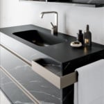 Wood bathroom vanity cabinet with HPL finish and integrated sink