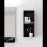 Wood bathroom vanity cabinet with HPL finish and open shelving.