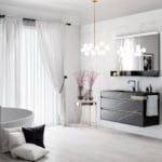 Wood bathroom vanity cabinet with HPL finish in a white bathroom setting