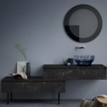 Porcelain bathroom vanity cabinet with black marble finish and vessel sink