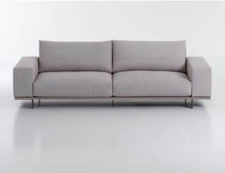 Memphis luxury Italian sofa shown in grey leather with bronzed brass base. Sofa also available in leather. This luxury Italian furniture collection combines high-end materials in wood and metal with fine leather and fabric upholstery. A wide variety of fabrics and leathers are available to choose from (samples available upon request). Made in Italy.